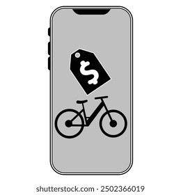 smart phone, bicycle and price tag icon in grey scale isolated on white background.