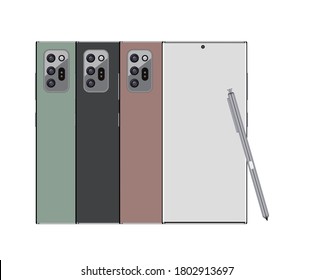 Smart phone with blank screen, front and back with pen. Vector.