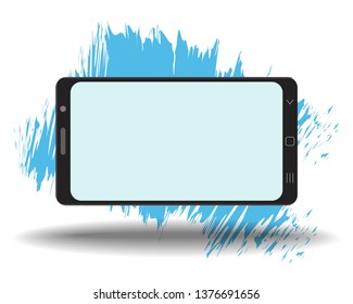 Smart phone with blank screen on white background. Shadow and colored brush spot. Technological device horizontal landscape template. Simple mockup vector design.