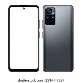 Teléfono inteligente con pantalla en blanco sobre fondo transparente. Ilustración vectorial realista, para gráficos y Diseño web