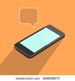 Teléfono inteligente con burbujas de voz en blanco para texto. Concepto de diseño plano de mensajería de texto. Teléfono móvil en posición horizontal.