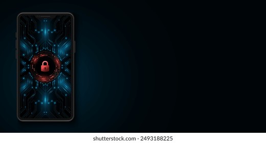 Smart phone with blocked access to the system. Touch screen with locked lock and glowing circuit board. Hi-tech device with cybersecurity. Vector illustration. EPS 10
