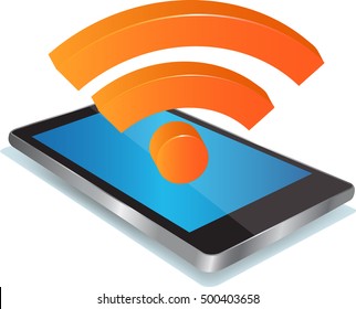 Smart phone with Blue screen and shiny 3d wifi sign above. Modern mobile smart phone connecting to wifi. 