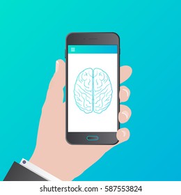 Smart phone with brain on screen. Vector illustration
