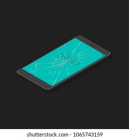 Smart phone with broken screen isolated on black. Vector illustration