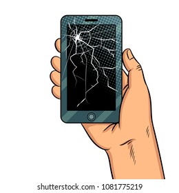 Smart phone with broken screen pop art retro vector illustration. Isolated image on white background. Comic book style imitation.