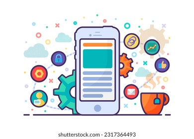 Smart phone with built in security, social networking, email and business application services. Smart electronic device all in one. Cartoon outline vector concept isolated on white background
