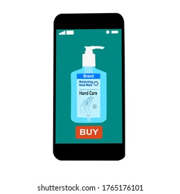 The smart phone with buy button on the screen. Use Hand wash soap pump bottle. Contactless online purchase of goods using your phone.  Diseases prevention. Home deliVery.