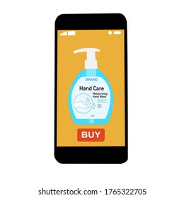 El teléfono inteligente con botón de compra en la pantalla y jabón de mano. Compra en línea sin contacto de artículos usando tu teléfono. Utilice el frasco de la bomba de jabón de lavado manual. Prevención de enfermedades. Tienda de alimentación en casaMuy.