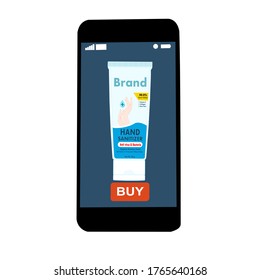 El teléfono inteligente con el botón de compra en la pantalla. Usar un desinfectante manual. Compra en línea sin contacto de artículos usando tu teléfono.  Prevención de enfermedades. Tienda de alimentación en casaMuy.