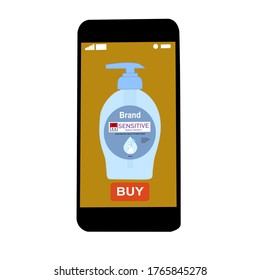 El teléfono inteligente con el botón de compra en la pantalla. Utilice el frasco de la bomba de jabón de lavado manual. Compra en línea sin contacto de artículos usando tu teléfono.  Prevención de enfermedades. Tienda de alimentación en casaMuy.