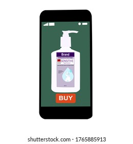 The smart phone with buy button on the screen. Use Hand wash soap pump bottle. Contactless online purchase of goods using your phone.  Diseases prevention. Home deliVery.