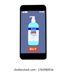El teléfono inteligente con el botón de compra en la pantalla. Utilice el frasco de la bomba del limpiador de manos. Compra en línea sin contacto de artículos usando tu teléfono.  Prevención de enfermedades. Tienda de alimentación en casaMuy.