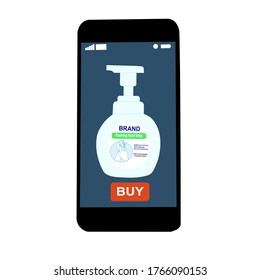 The smart phone with buy button on the screen. Use Hand wash soap pump bottle. Contactless online purchase of goods using your phone.  Diseases prevention. Home deliVery.