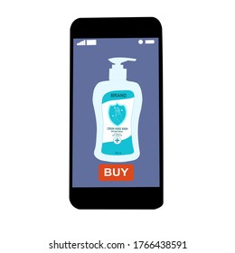 The smart phone with buy button on the screen. Use Hand wash soap pump bottle. Contactless online purchase of goods using your phone.  Diseases prevention. Home deliVery.