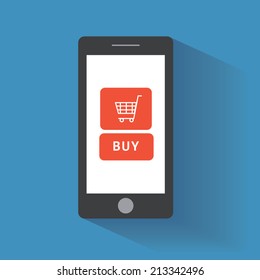 Smart phone with buy button on the screen. E-commerce flat design concept. Using mobile phone for online purchasing. Eps 10 vector