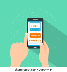 smart phone buy music download button touch finger on line store flat vector illustration 