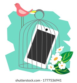 Smart phone in a cage, the bird is free. Concept digital detox, flat style. Vector illustration.