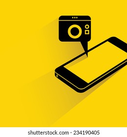 smart phone camera on yellow background, flat and shadow theme