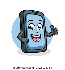 Personaje de caricatura de Smart Phone que aumenta la ilusión de mascota feliz, Vector Clipart