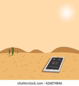 Smart phone cartoon character low battery in desert