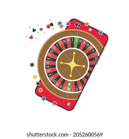 Smart phone with casino roulette wheel, poker chips and dice on screen. Gambling app, device with gambling game concept. Vector illustration in flat style. EPS 10.