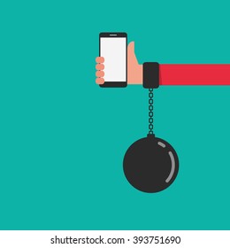 Smart phone chained to handcuff in hand. Smartphone Addiction concept. Cartoon Vector illustration.