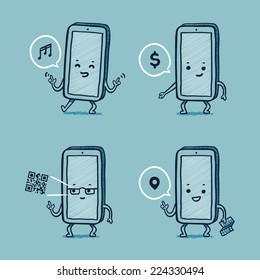 Smart phone character with common activities, music, payments, maps