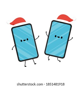 Diseño de caracteres de teléfono inteligente. Vector de teléfono inteligente. Teléfono inteligente con fondo blanco. Santa sombrero.