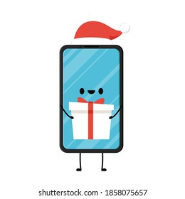Diseño de caracteres de teléfono inteligente. Vector de teléfono inteligente. Teléfono inteligente con fondo blanco. Santa sombrero.