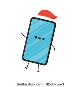 Smart phone character design. Smart phone vector. Smart phone on white background. Santa hat.