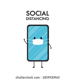 Diseño de caracteres de teléfono inteligente. Vector de teléfono inteligente. Teléfono inteligente con fondo blanco. Afiche de distanciamiento social.