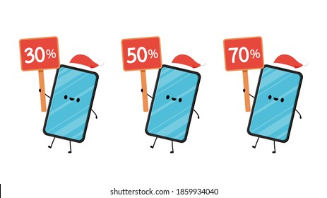 Smart phone character design. Smart phone vector. Smart phone on white background. Santa hat.