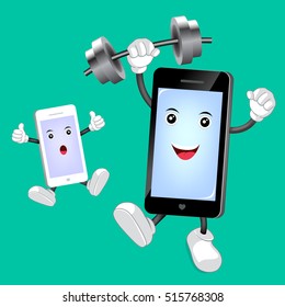 Smart phone Character lifting weight. Vector illustration isolated on green background. great for technology concept design.