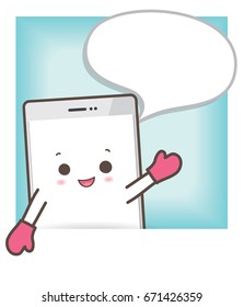 Smart phone Character smiling on the floor, raise the hand and talk with bubble beside. Vector illustration.