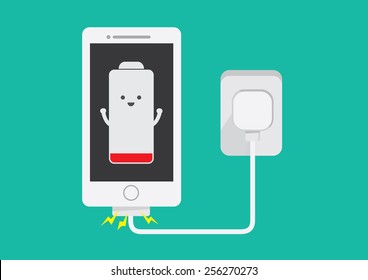 Smart phone charging battery in flat cartoon version