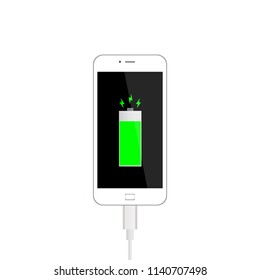 Smart phone charging with battery indicator use usb cable in refill energy, power up showing on display,vector illustration