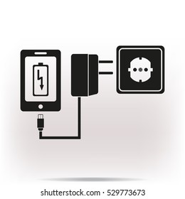 Smart phone charging - black vector icon