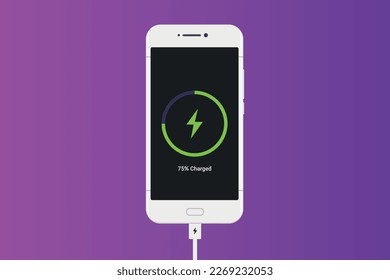Smart phone charging isolated on white background. Top view charging progress lighting on screen smart phone.