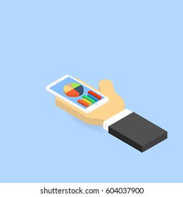 Smart phone with charts and graphs. Vector illustration .