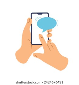 Smart phone with chat bubble template. Caution warning on a screen. Mobile phone alert. Hand holds smartphone icon with blank dialog box. Vector illustration in a trendy flat style isolated on white.