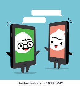 Smart phone chat online concept, cartoon man and woman face on smart phone screen