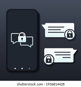 Smart phone chatting messages. Bubble chat notifications with padlock. Privacy chat. Cybernetic security and safety. Illustration vector