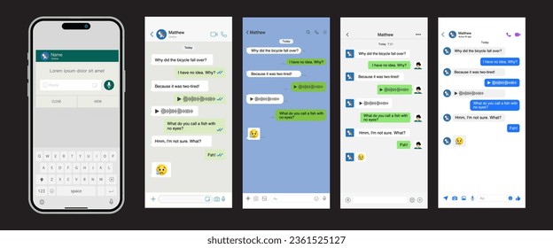 Smart Phone chatting messenger and SMS template bubbles.Vector chatting screen in mobile communication illustration. Chat app template. Modern realistic white and black smartphone. Vector.