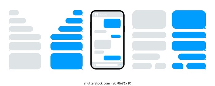 Smart Phone with chatting. Smartphone with blue message bubbles. Speech bubbles for chat. Text sms template bubbles. Messenger conversation mockup. Messenger interface.