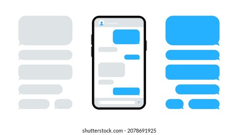 Teléfono inteligente con charla. Smartphone con burbujas de mensajes azules. Las burbujas del habla para el chat. Burbujas de plantilla de sms de texto. Burla de la conversación de Messenger. Interfaz Messenger.