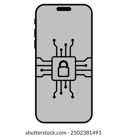 Smart phone, circuit board and lock icon in grey scale isolated on white background.