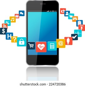 Smart phone with cloud of colorful application icons