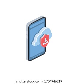Smart phone cloud shield download. Vector 3d isometric, color web icon, new flat style. Creative illustration design, isolated graphic idea for infographics.
