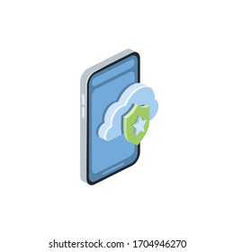 Smart phone cloud shield security star. Vector 3d isometric, color web icon, new flat style. Creative illustration design, isolated graphic idea for infographics.